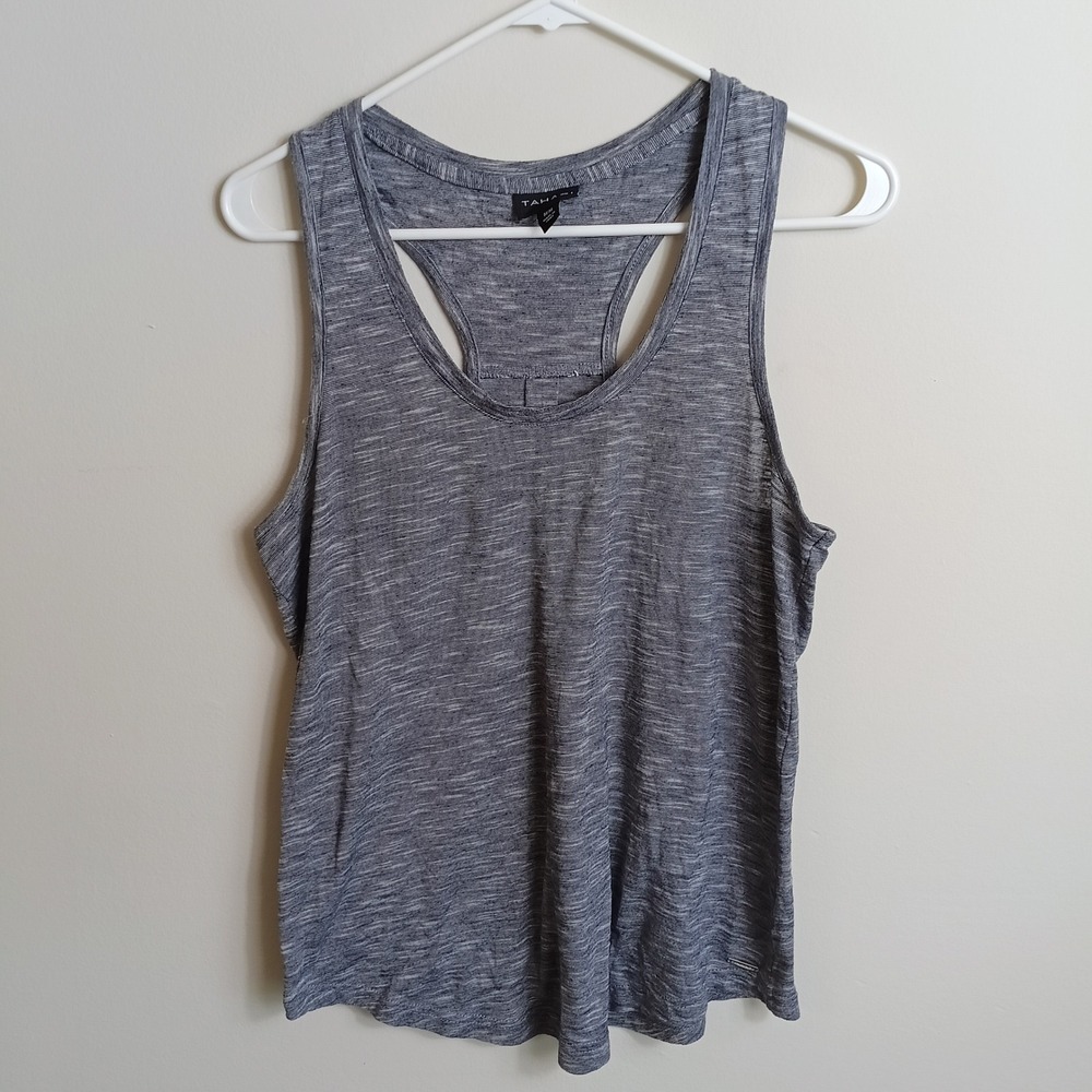 Tahari Racerback Tank Top Womens M Gray Excellent Space Dye Pleated Back